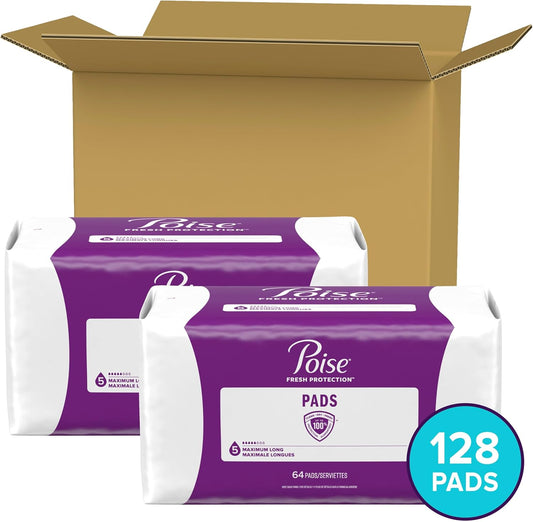 Poise Incontinence Pads & Postpartum Incontinence Pads, 5 Drop Maximum Absorbency, Long Length, 128 Count, Packaging May Vary