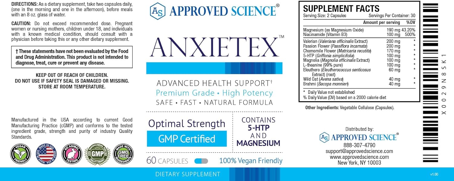 Approved Science Anxietex - Calm and Relaxation - L-Theanine and Magnesium - 60 Capsules - Vegan Friendly - 1 Month Supply : Health & Household