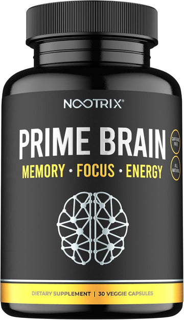 Prime Brain Supplement | Nootropic For Memory, Focus & Cognitive Function Support | Promotes Healthy Energy & Mood W/Ginkgo Biloba, Lion'S Mane Mushroom, Vitamin B12 & L Theanine | 30 Vegan Capsules