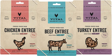 Vital Essentials Freeze Dried Raw Dog Food, Sample Variety Pack, Complete & Balanced Whole Animal Protein, Beef Mini Nibs 5.5 Oz + Chicken Mini Nibs 5.5 Oz + Turkey Mini Nibs 5.5 Oz