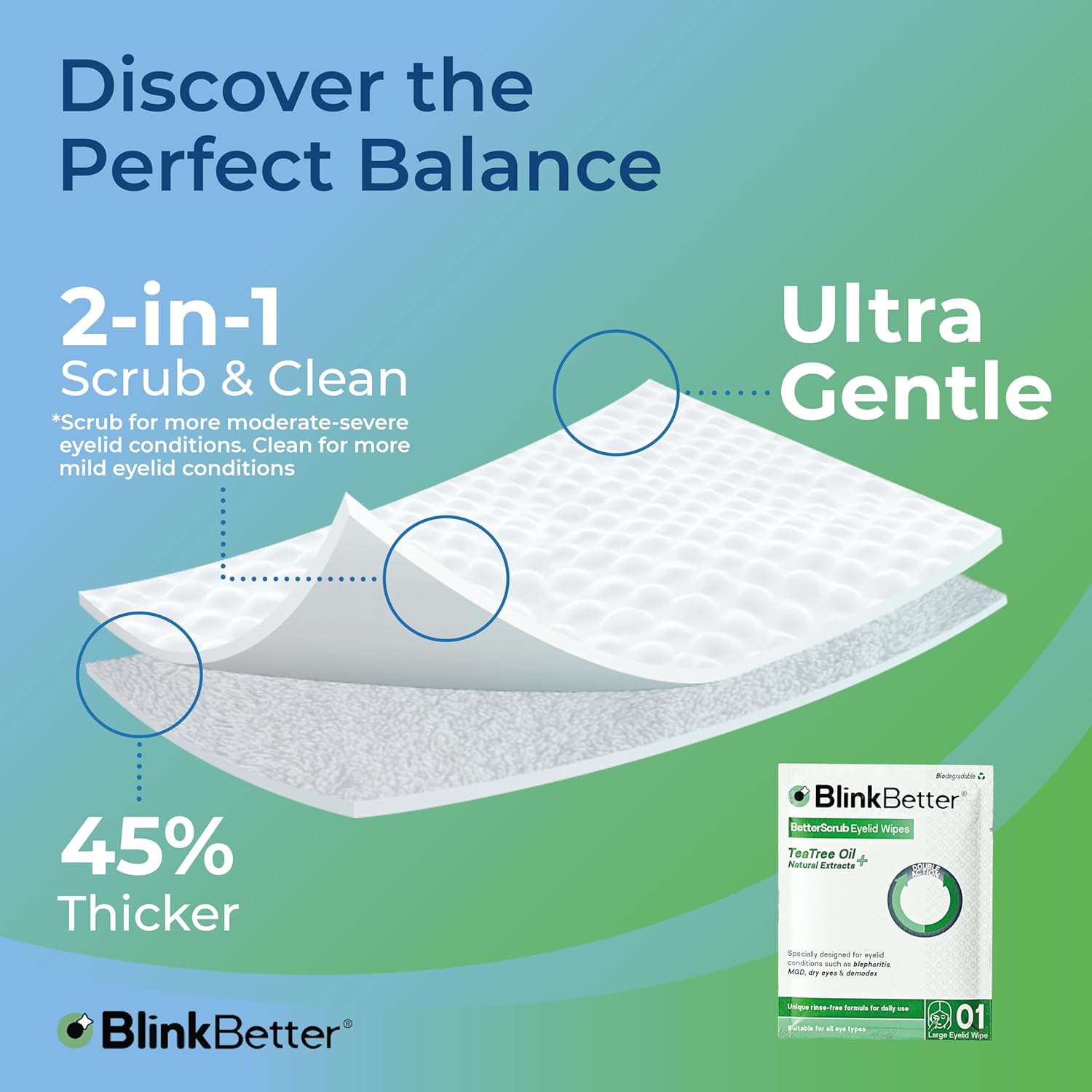 BlinkBetter Tea Tree Oil Eyelid Wipes - 60 x Natural Blepharitis, MGD & Dry Eye Relief Wipes | Cleansing, Soothing, Dual-Textured, Triple Moisture Formula | Biodegradable & Gentle (Pack of 3)