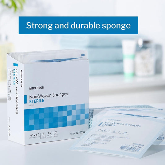 Mckesson Non-Woven Sponges, Sterile, 4-Ply, Polyester/Rayon, 4 In X 4 In, 2 Per Pack, 25 Packs, 50 Total