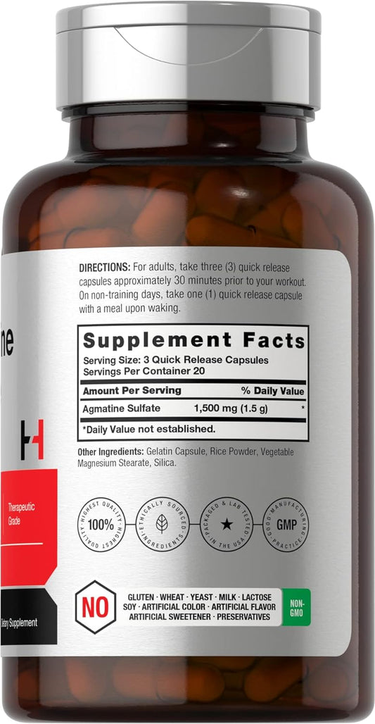 Horbäach Agmatine Sulfate Capsules 1500mg | 60 Pills | Pharmaceutical Grade | Non-GMO, Gluten Free Supplement