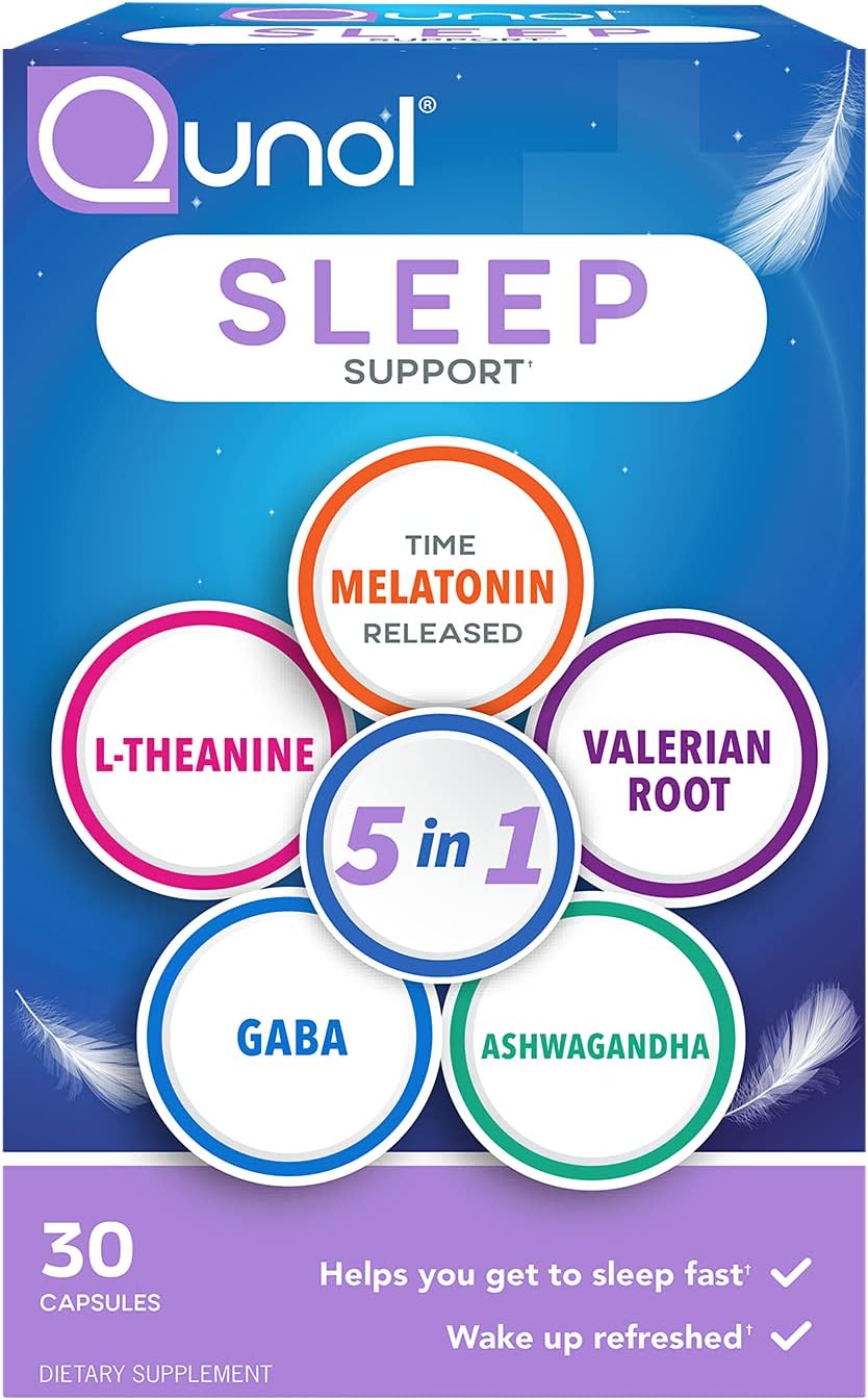 Qunol Sleep Support, 5-in-1 Sleep Aid, with time-released Melatonin, Ashwagandha, GABA, Valerian Root, L-Theanine, capsules, 30 ct