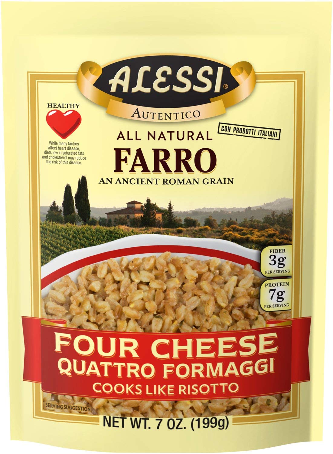 Alessi Autentico, Premium Seasoned Roman Grain Farro, Cooks Like Risotto, Heart Healthy, Easy to Prepare, 7oz (Four Cheese, Pack of 6)