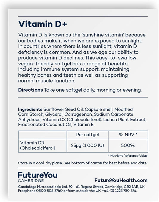 Vitamin D+ Softgel Capsules - Vegan Highly Bioavailable Sunflower Formulation - 28 Day Supply