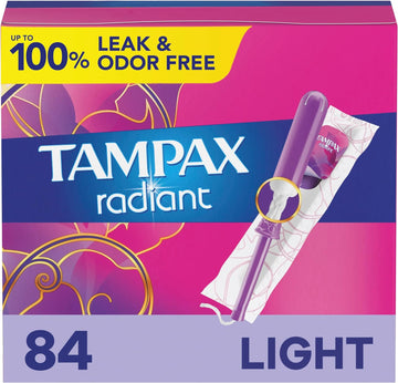 Tampax Radiant Tampons Light Absorbency with BPA-Free Plastic Applicator and LeakGuard Braid, Unscented, 28 Count x 3 Packs (84 Count total) - Packaging May Vary