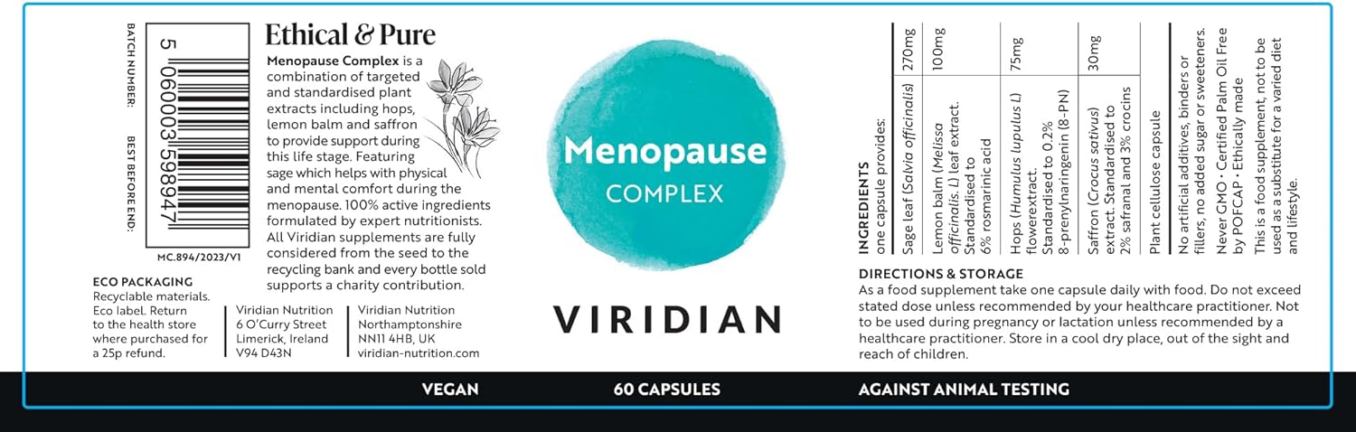 Viridian - Menopause Complex - 60 Capsules With Hops, Lemon Balm, Saffron & Sage | Natural Support For Menopause Symptoms | Formulated By Qualified Nutritionists | 100% Active Ingredients | Vegan