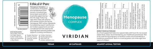 Viridian - Menopause Complex - 60 Capsules With Hops, Lemon Balm, Saffron & Sage | Natural Support For Menopause Symptoms | Formulated By Qualified Nutritionists | 100% Active Ingredients | Vegan