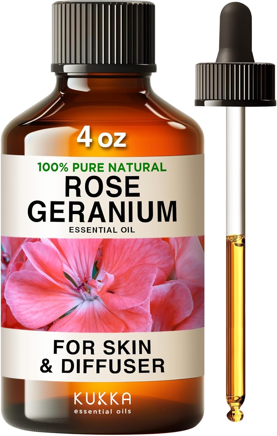Kukka Rose Geranium Essential Oil For Skin - 100% Pure Natural 4 Fl Oz Geranium Oil For Diffuser - Rose Geranium Essential Oil For Aromatherapy - Soap Making Scent & Diy