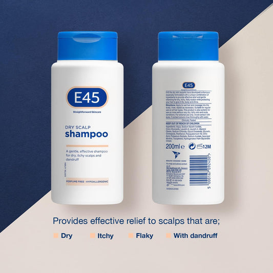 E45 Dermatological Dry Scalp Shampoo 200 ml - E45 Shampoo for Dry Scalp Relief – Dry Scalp Shampoo with Pro Vitamin B5 to Hydrate Hair – for Clean and Shiny Hair - Anti Dandruff Shampoo – Perfume Free