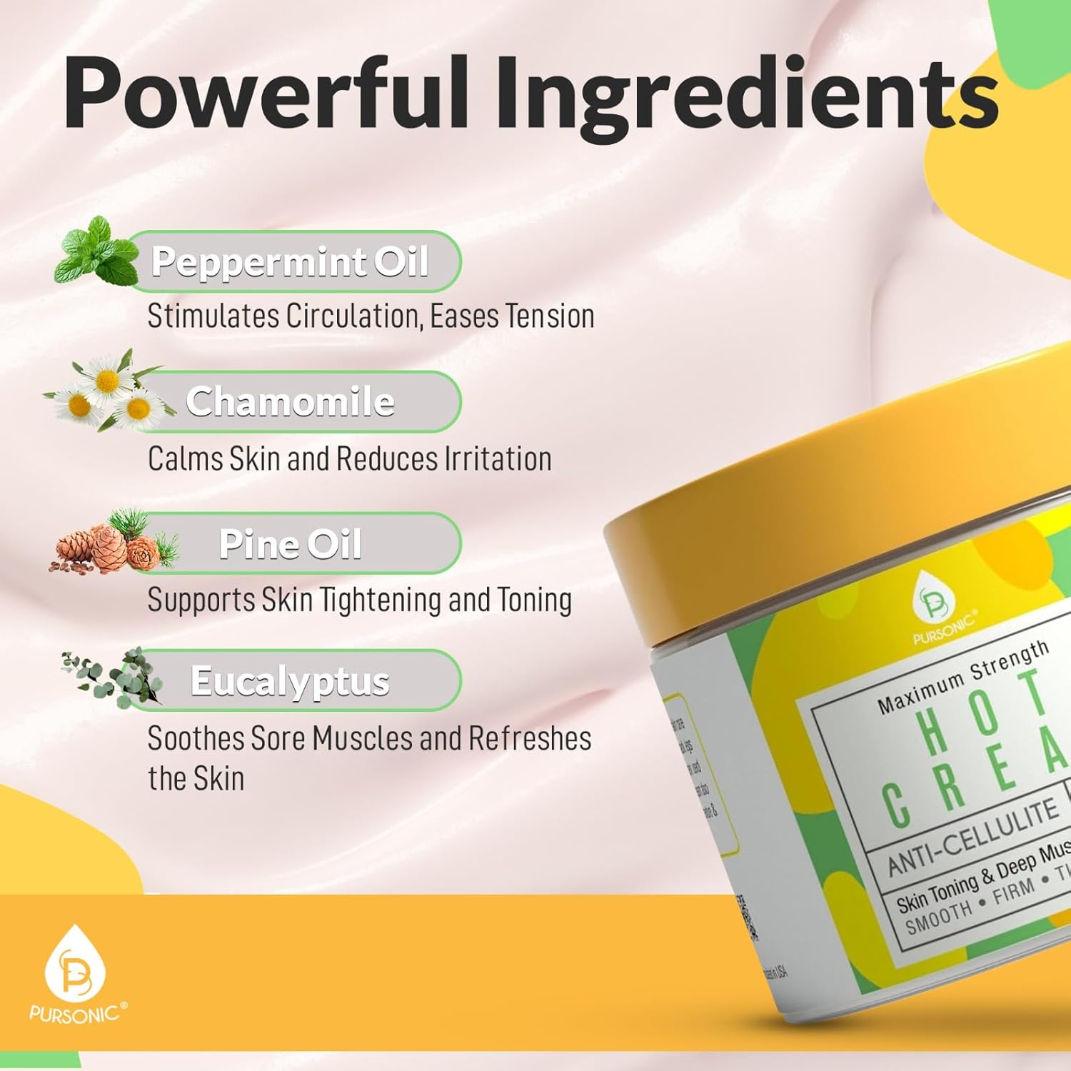 Pursonic Anti Cellulite Cream & Muscle Relaxation Hot Cream - Reduce Varicose Veins, Firm, Tighten & Improve Skin Texture - Hydrate With All-Natural Ingredients For Legs, Arms, Tummy, Butt & Thighs : Beauty & Personal Care
