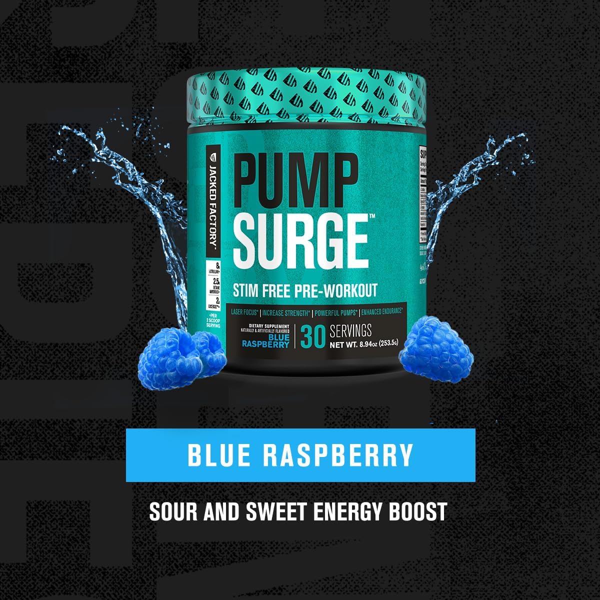 Jacked Factory Pumpsurge Caffeine Free Pre Workout for Men & Women - Nootropic Booster & Stim Free Pre Workout - Intense Pumps, Enhanced Focus - 30 Servings, Blue Raspberry : Health & Household