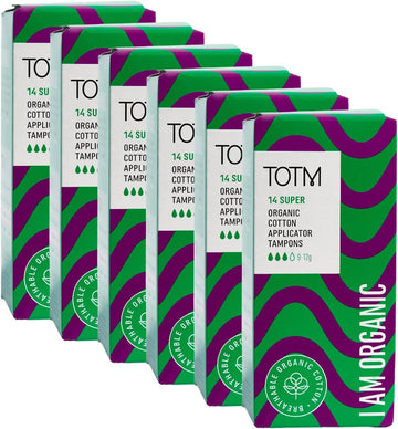 TOTM Super Applicator Tampons | Certified Organic Cotton | | Plastic-Free applicators & Wrappers | Naturally Soft, Absorbent & Super Comfy | 6 Packs |84 tampons