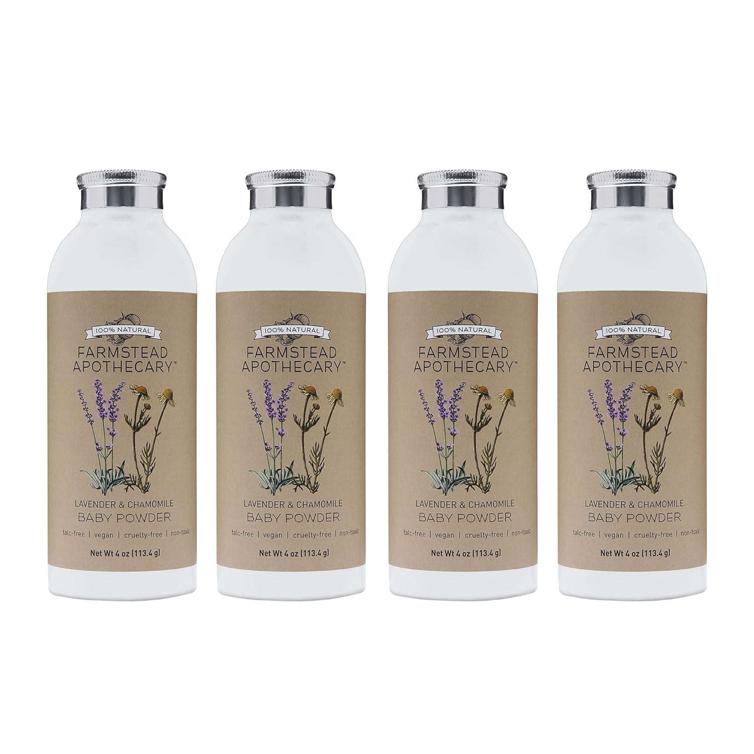 Farmstead Apothecary 100% Natural Baby Powder, Lavender Chamomile 4 oz (Pack of 4)