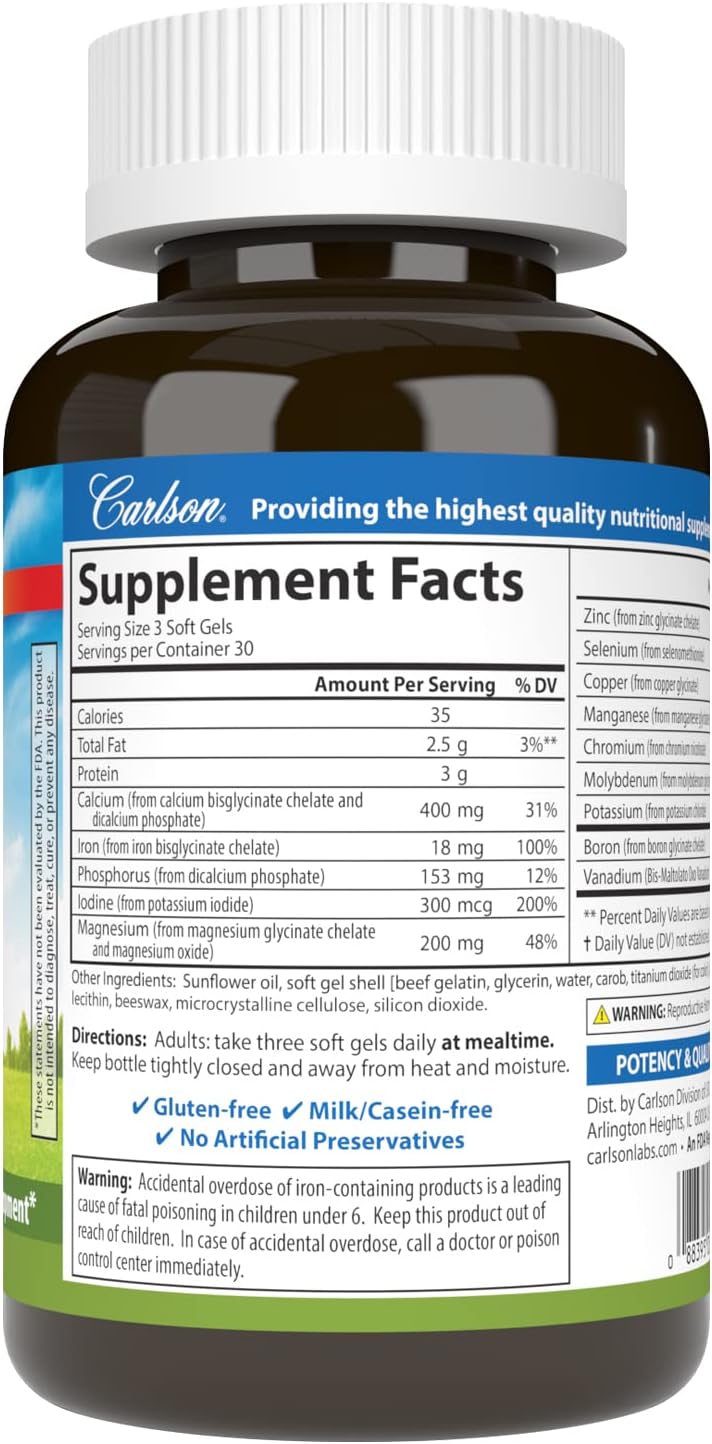 Carlson - Chelated Minerals, Balanced Blend - Maximum Absorption, Optimal Wellness, Bone Health & Tissue Development, 90 soft gels