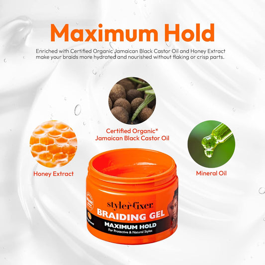 Red By Kiss Hold Braiding Gel For Box Braids, Cornrows- Hydrating, Conditioning, Adds High Shine, Enriched With Certified Organic Jamaican Black Castor Oil (Maximum Hold) (No Color, 6 Ounce)