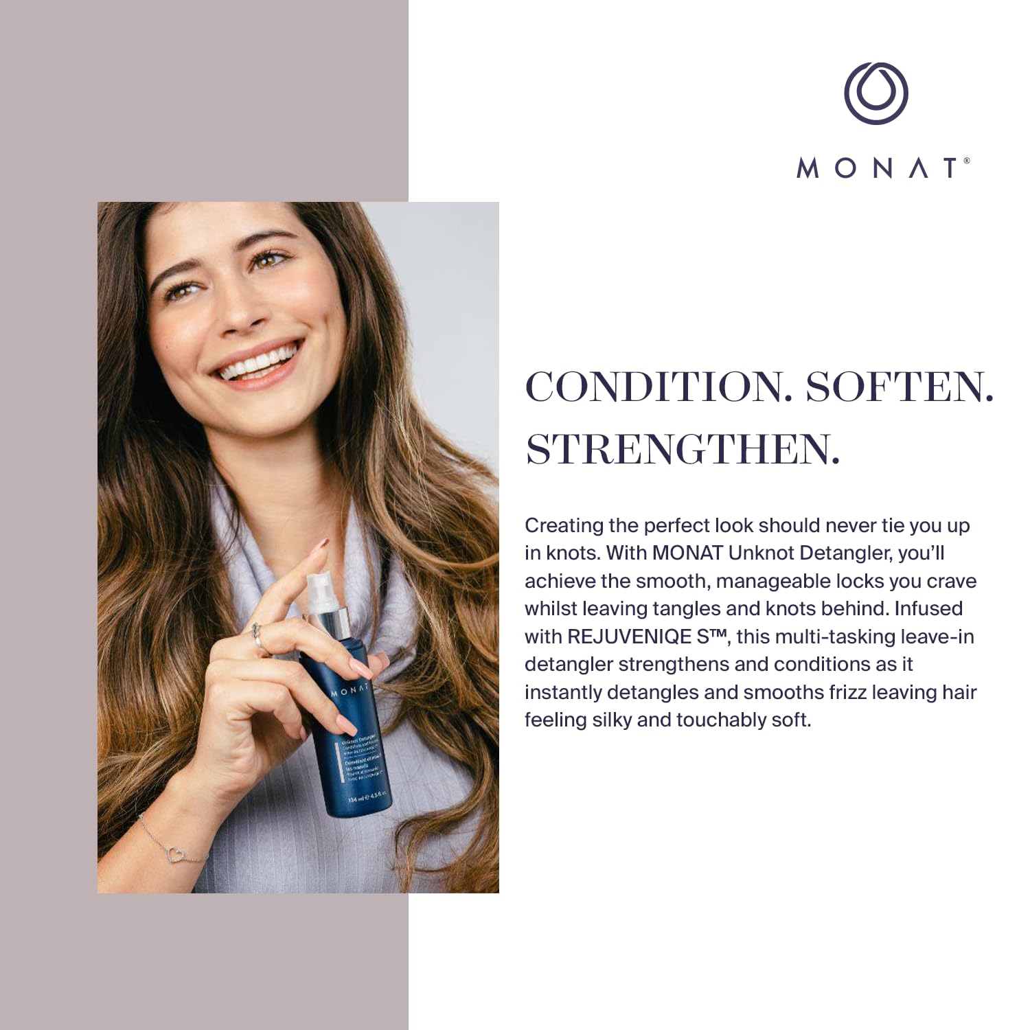 MONAT Unknot Detangler Infused with Rejuveniqe® S - Lightweight, Anti Frizz Hair Detangler Spray Leaving Strands Soft and Knot-free. Safe for Color-treated Hair. -Net Wt. 134 ml / 4.5 fl. oz. : Beauty & Personal Care