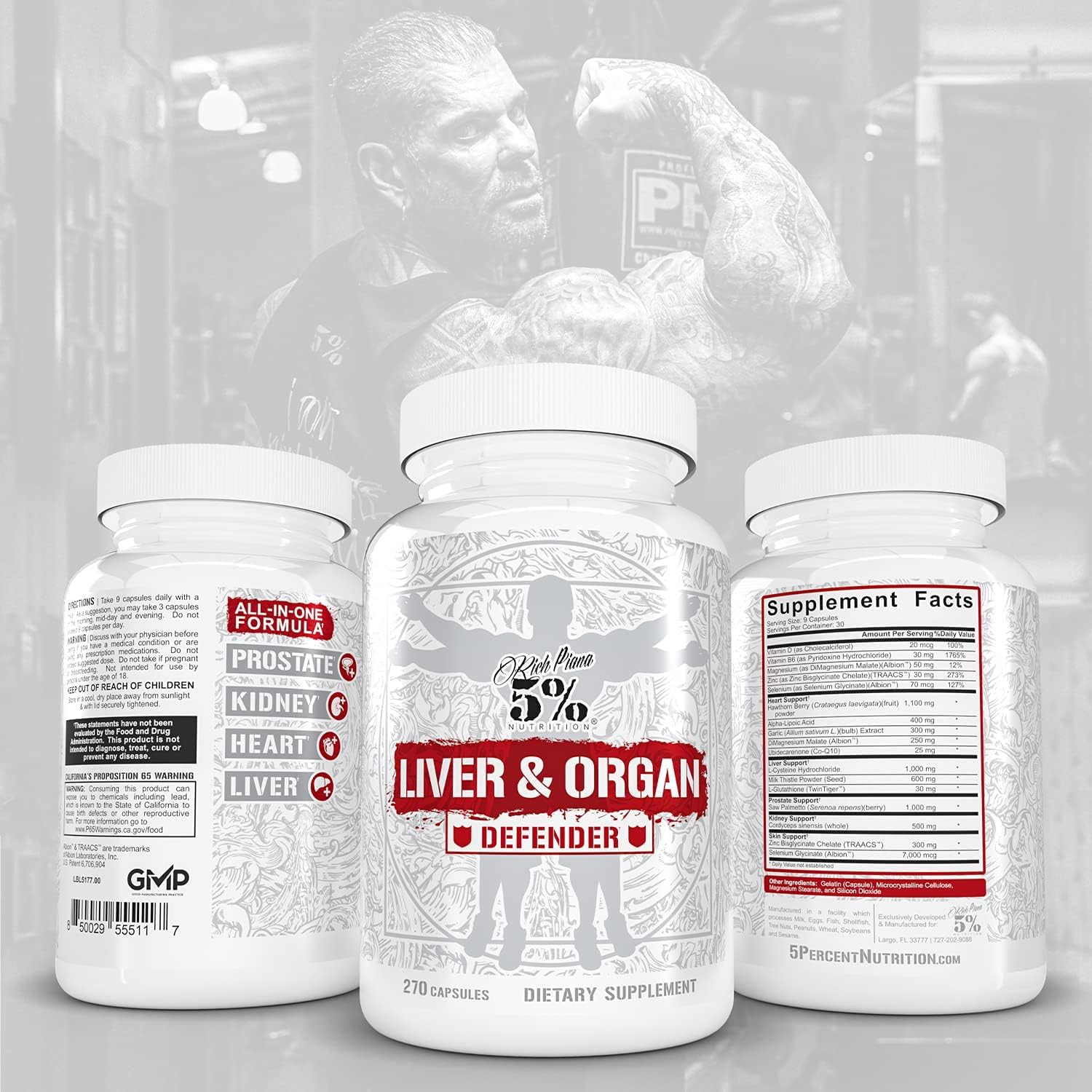 Rich Piana 5% Nutrition Liver & Organ Defender Cycle Support | Premium Liver Detox with Kidney, Heart, Prostate & Skin Support | Milk Thistle, Saw Palmetto, Hawthorn Berry | 270 Pills (30-90 Servings) : Health & Household