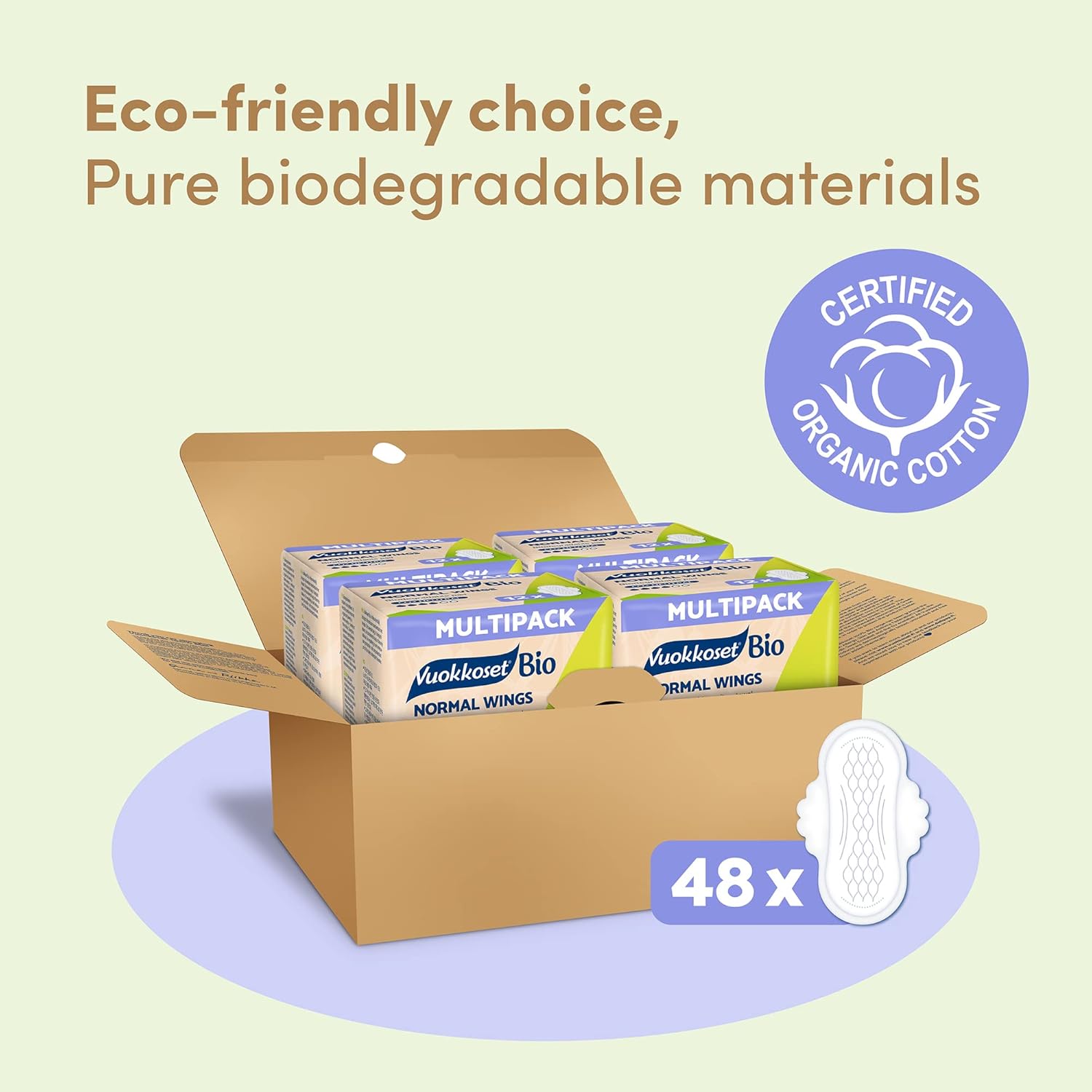 Vuokkoset Eco Normal Wings - Biodegradable Thin 8.9 Inch Sanitary Towel Multipack 48 pcs for Sensitive Skin | Organic Cotton | Free of Dyes, Fragrances & Chlorine | Eco-Friendly, Absorbent Core | : Amazon.co.uk: Health & Personal Care