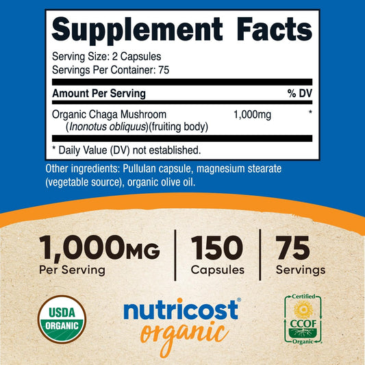 Nutricost Organic Chaga Mushroom Capsules 1000Mg, 75 Servings - Ccof Certified Made With Organic Chaga Mushroom, Vegetarian, Gluten Free, 500Mg Per Capsule, 150 Capsules