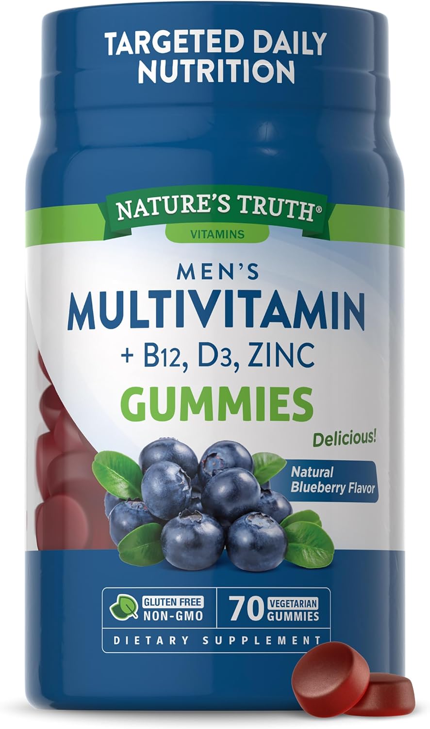 Mens Multivitamin Gummy | 70 Count | Vegetarian, Non-Gmo, Gluten Free | With B12, D3, Zinc | Blueberry Flavor | By Nature'S Truth