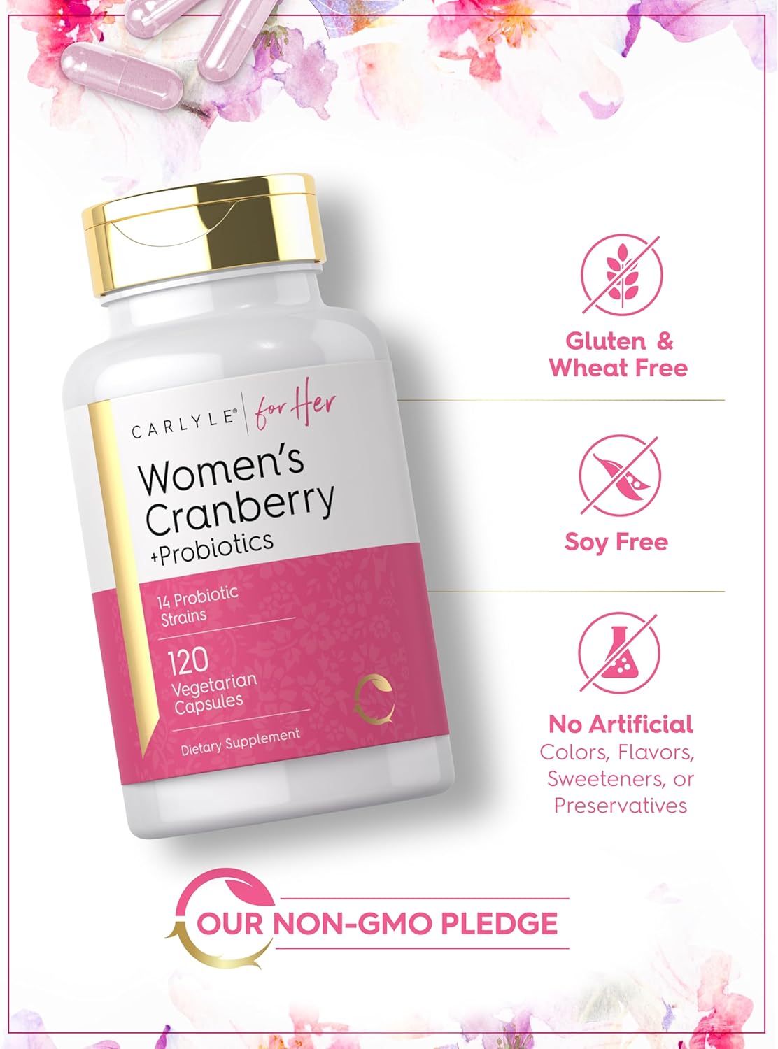 Carlyle Women's Cranberry Plus Probiotics | 120 Capsules | with 14 Probiotic Strains | Vegetarian, Non-GMO, Gluten Free Supplement | for Her : Health & Household