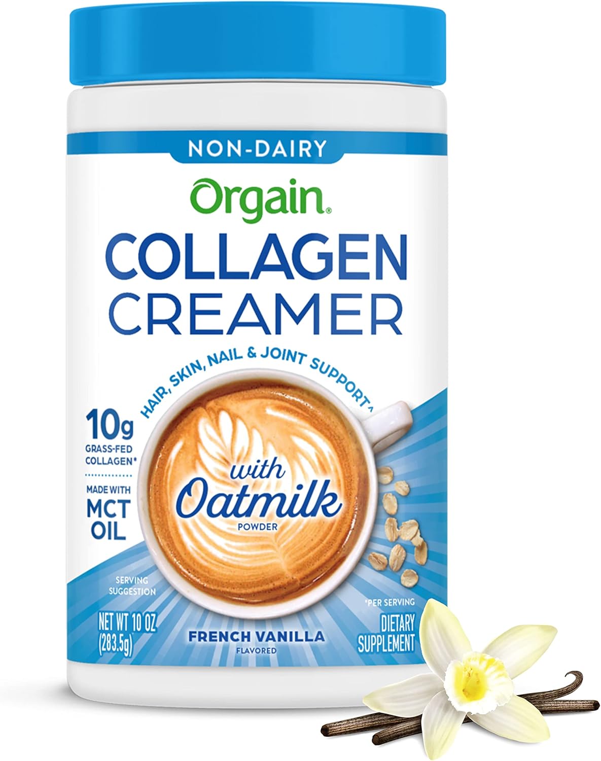 Orgain Collagen Coffee Creamer, 10G Grass Fed Hydrolyzed Collagen Peptides, French Vanilla - With Organic Oat Milk Powder, Coconut Oil, Mct Oil, Avocado Oil, Hair, Skin, Nail, & Joint Support - 10Oz