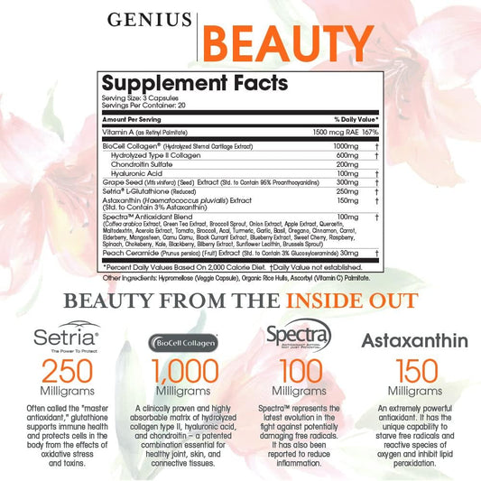 Genius Beauty, Hair Skin & Nails Vitamins, 60 Capsules - Anti-Aging Antioxidant Supplement, Hydrolyzed Collagen Pills, Glutathione & Astaxanthin - Detox Cleanse, Wrinkles, Hair Growth & Healthy Skin