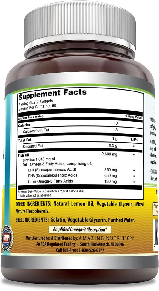 Amazing Omega Fish Oil (Omega-3) 1300mg 180 Softgels Supplement | Lemon avor | Non-GMO | Gluten Free | Made in USA