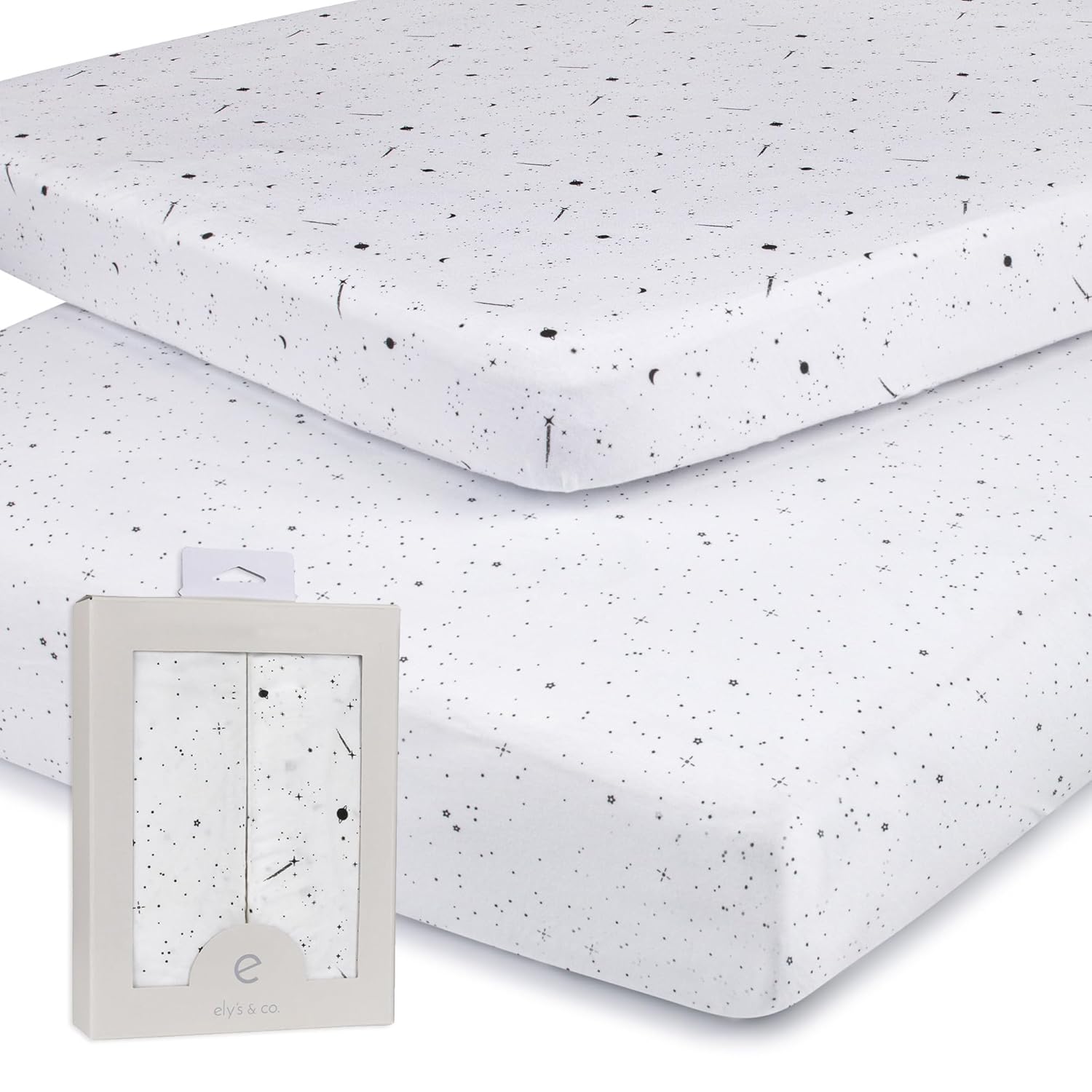 Pack N Play Portable Crib Sheet Set 100% Jersey Cotton 2 Pack 38”X24”X5” (Black And White Celestial)