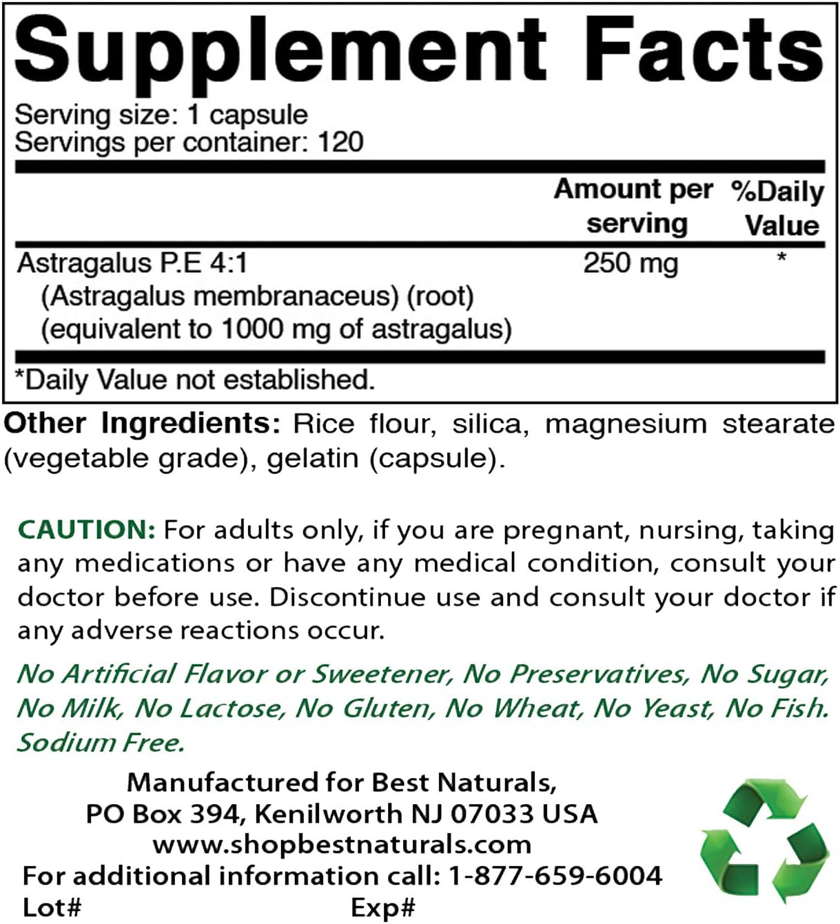 Best Naturals Astragalus Capsule, 1000 Mg, 120 Count : Health & Household