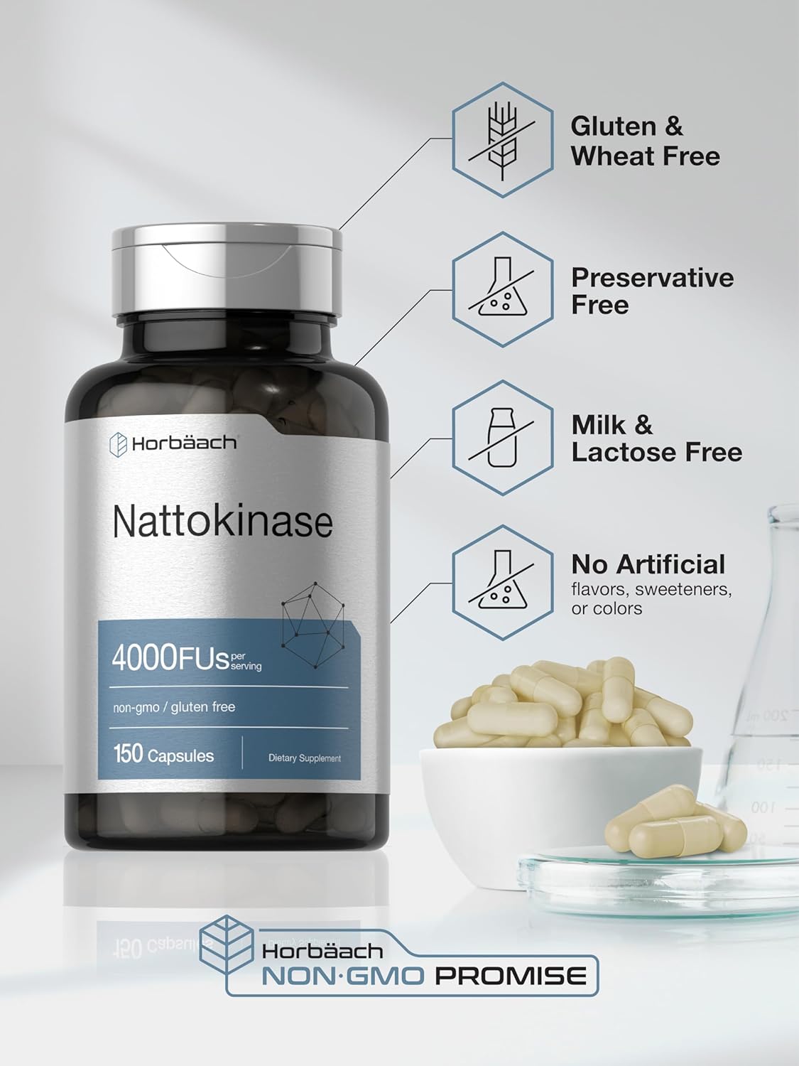 Horbäach Nattokinase Supplement 4000 Fu | 150 Capsules | Non-Gmo, Gluten Free : Health & Household