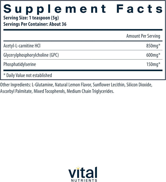 Vital Nutrients Vital Brain Powder | Phosphatidylserine, Acetyl-L-Carnitine Brain Supplement | Nootropic | Healthy Cognitive Function, Memory, Learning* | Gluten, Dairy, Soy Free | Lemon | 150G