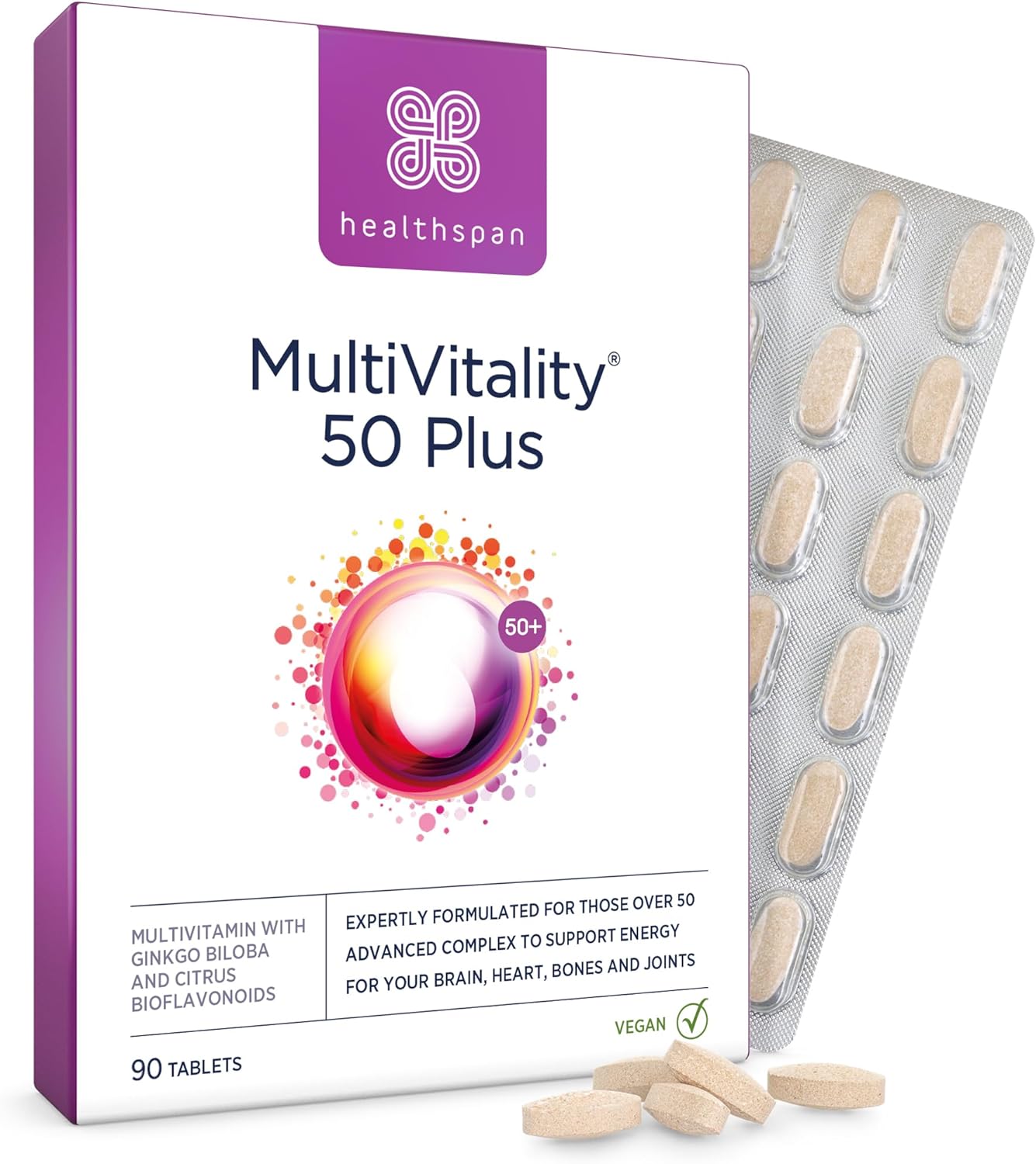 Healthspan Multivitamin 50 Plus (90 Tablets) | Advance Multivitamin for over-50's | Immune Health Support | 13 High Vitamins & 12 Minerals | Ginkgo Biloba & Citrus Bioflavonoids | Vegetarian