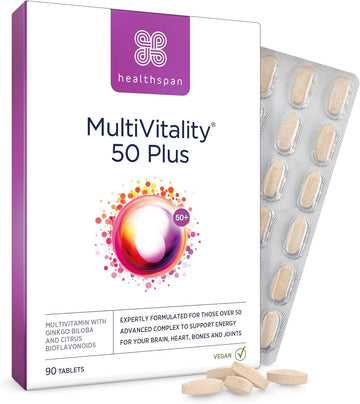 Healthspan Multivitamin 50 Plus (90 Tablets) | Advance Multivitamin for over-50's | Immune Health Support | 13 High Vitamins & 12 Minerals | Ginkgo Biloba & Citrus Bioflavonoids | Vegetarian