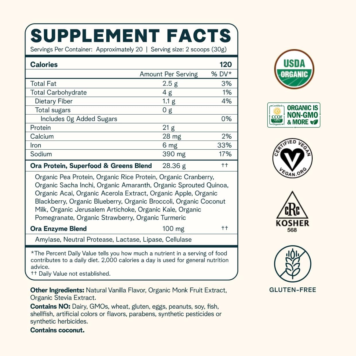 Ora Organic Protein Powder - 21g Plant-Based + Superfood for Women and Men - Vanilla Flavor 20 Servings, Clean Source, Third-Party Tested, Gluten-Free : Health & Household