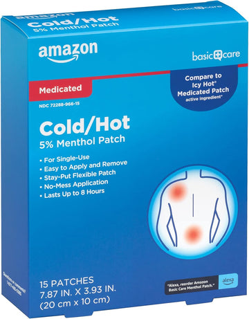 Amazon Basic Care Medicated Cold Hot 5% Menthol Patch, 7.87” X 3.93”, 15-Count Box (Previously Healthwise)