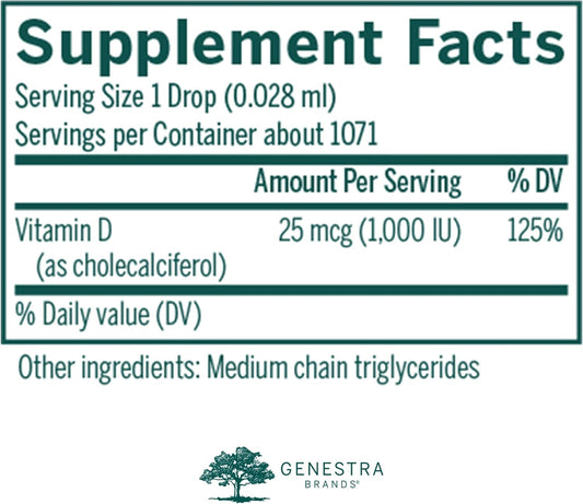 Genestra Brands D3 1000 Drops | Liquid Vitamin D Supplement | 1 Fl. Oz