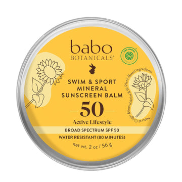 Babo Botanicals Swim & Sport Mineral Sunscreen Balm Spf50 - Natural Zinc Oxide - For Face & Body - For All Ages - Dermatologist Tested - Cruelty-Free - Fragrance-Free - Ewg Verified - Water Resistant