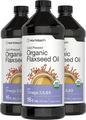 Horbäach Organic Flaxseed Oil | 3 Pack | 16 Fl Oz Each | Cold Pressed | With Omega 3, 6, 9 | Vegetarian, Non-Gmo, Gluten Free Liquid