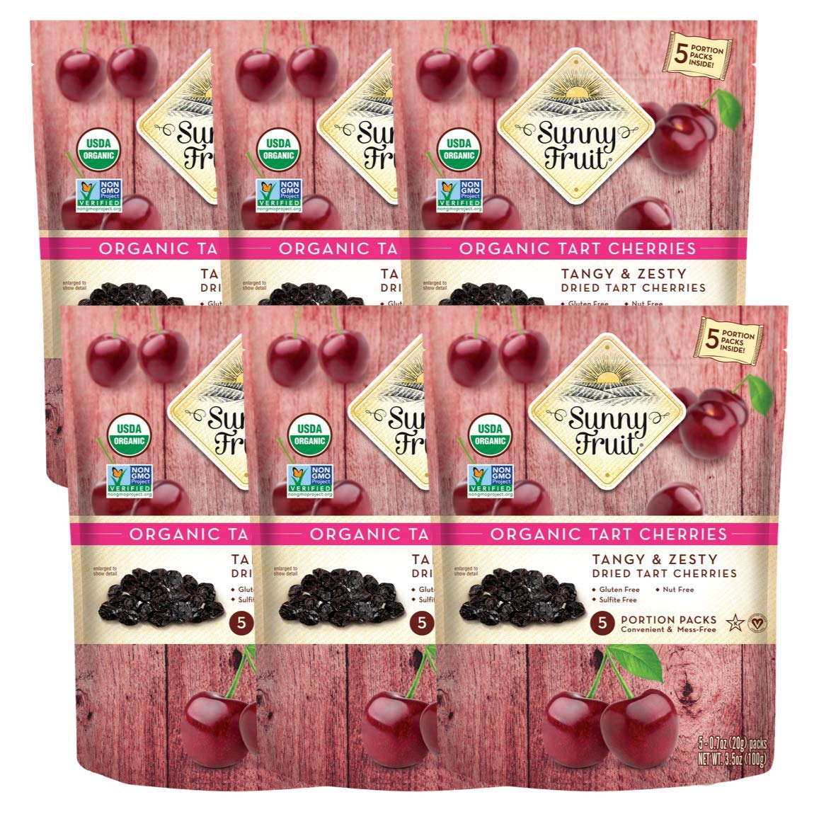 Sunny Fruit Soft Organic Dried Tart Cherries - 6 Bags (30 Individual Portion Packs) | Healthy, Convenient Snack Packs | Organic, Non-Gmo, Vegan, Halal, Kosher, No Preservatives