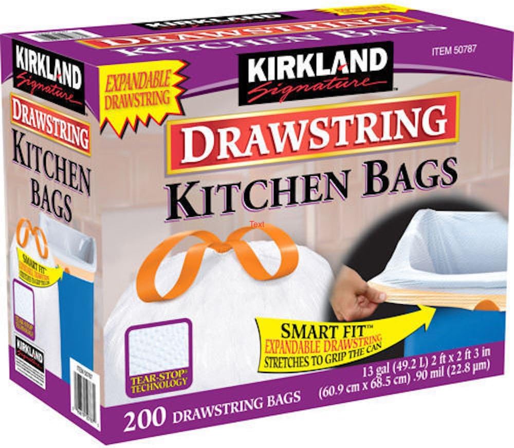 Kirkland Signature 13 Gallon 200 Ct Carton 100% recyclable Heavy Duty Drawstring Kitchen Trash Bags Garbage Bag ,White