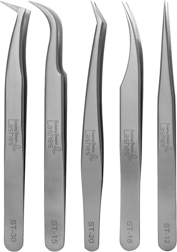 Eyelash Extension Tweezers - 5 Pcs Of Lash Diy Precision Set, Curved Volume Lash Tweezers - Cluster Application And Removal Of Eye Lashes Extensions Stainless Steel