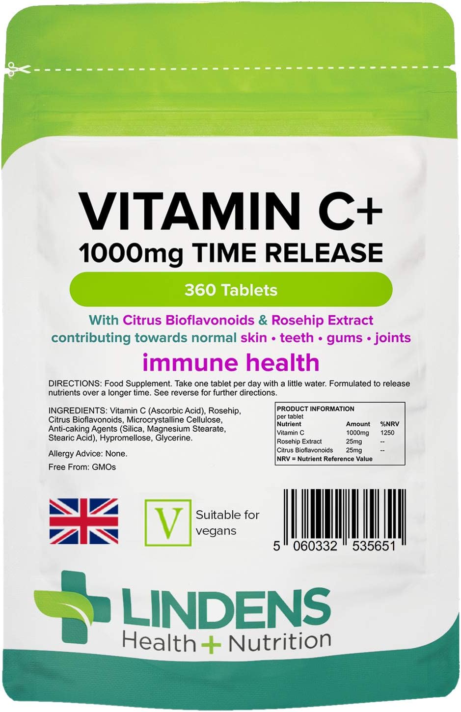 Lindens - Vitamin C+ 1000Mg Time Release, 360 Tablets - 1 A Day, Uk Made - Skin, Teeth, Joints And Immune Health, Combats Tiredness And Fatigue - Vegan