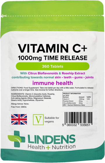 Lindens - Vitamin C+ 1000Mg Time Release, 360 Tablets - 1 A Day, Uk Made - Skin, Teeth, Joints And Immune Health, Combats Tiredness And Fatigue - Vegan