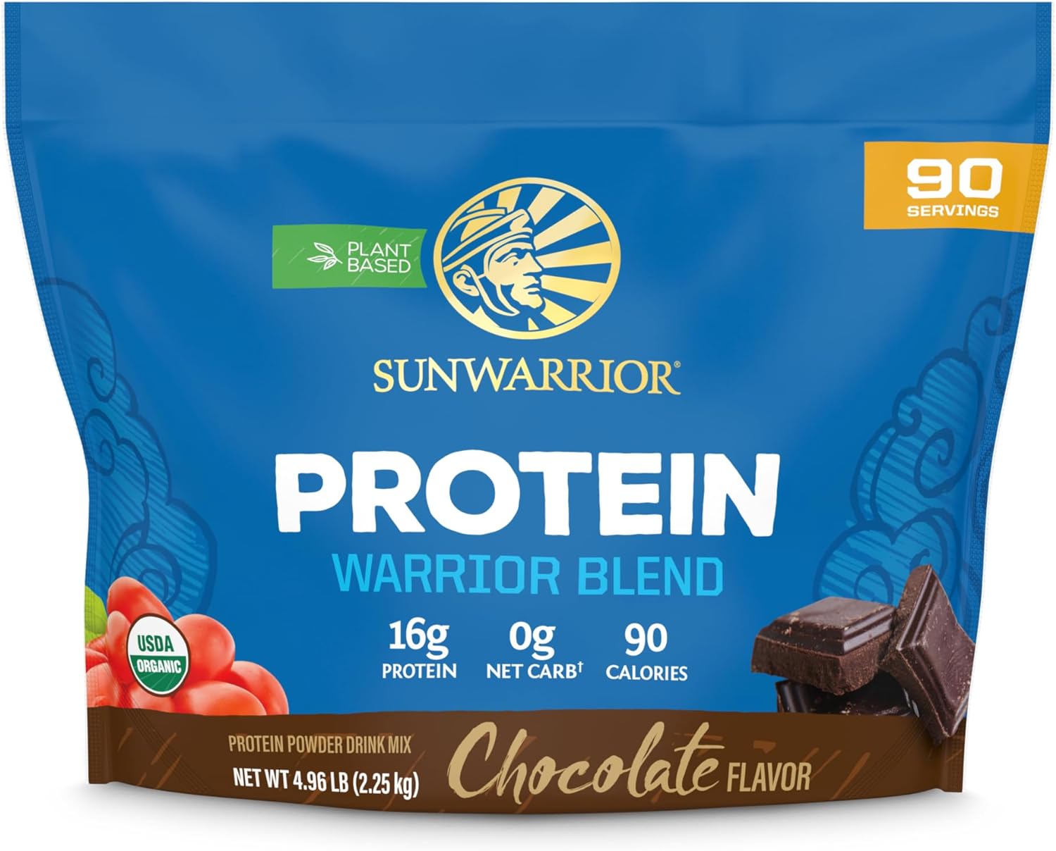 Vegan Organic Protein Powder Plant-Based | Bcaa Amino Acids Hemp Seed Soy Free Dairy Free Gluten Free Synthetic Free Non-Gmo | Chocolate 90 Servings | Warrior Blend By Sunwarrior