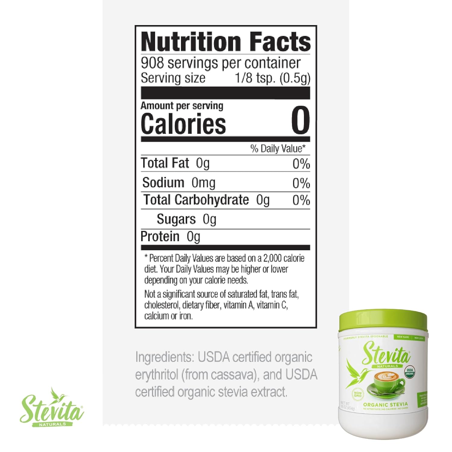 Stevita Organic Stevia - 16 Oz - Stevia & Erythritol All-Natural Sweetener, No Calories - Usda Organic, Non-Gmo, Vegan, Keto, Paleo, Gluten Free - 908 Servings