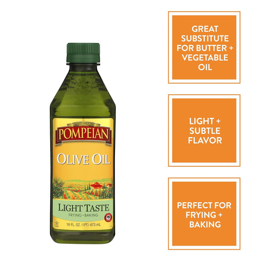 Pompeian Light Taste Olive Oil, Subtle Flavor, Perfect For Frying & Baking, Naturally Gluten Free, Non-Allergenic, Non-Gmo, 16 Fl. Oz