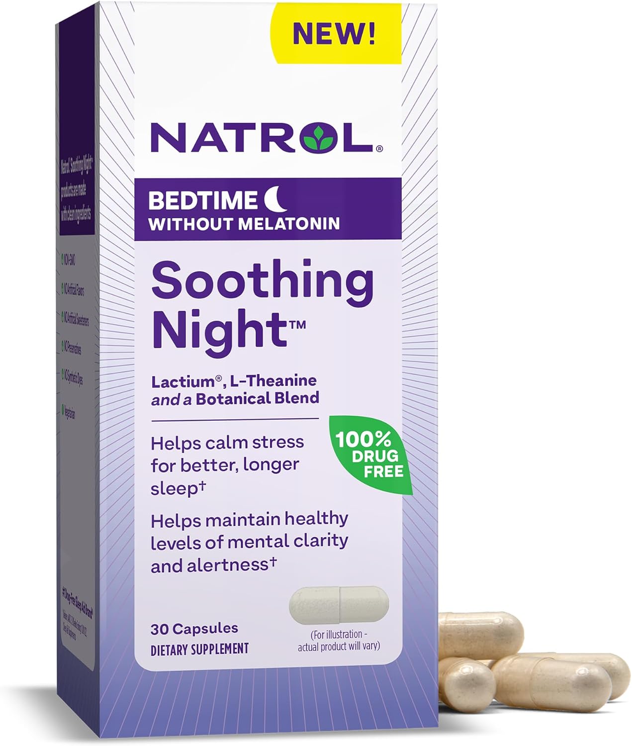 Natrol Soothing Night With Lactium, L-Theanine & A Botanical Blend, Dietary Supplement For Bedtime Without Melatonin To Calm Stress And Support Sleep, Clarity & Alertness, 30 Capsules, 30 Day Supply